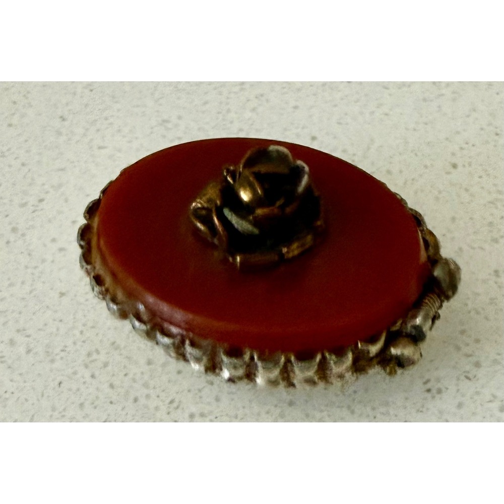 Vintage Oval Pill Box Silver Tone Scalloped Trinket Rose Flower Orange Stone Top